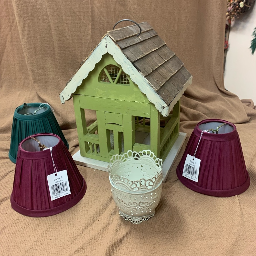 Green Wooden Birdhouse with Brown Roof.  Inv 458